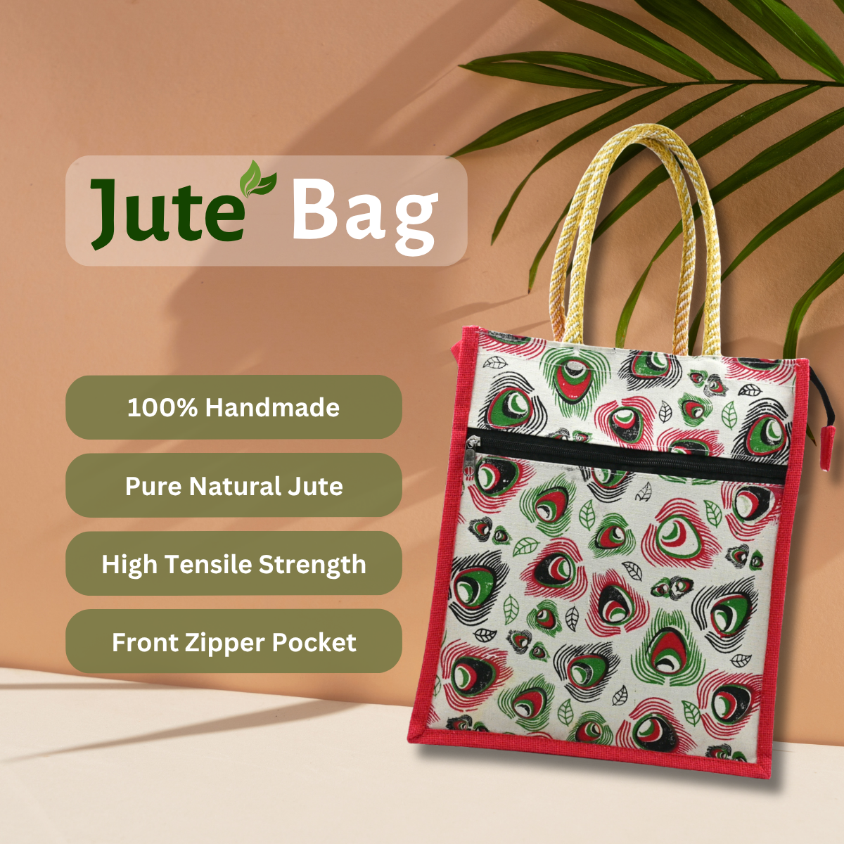 Jute Small Shopping Bag With Pocket-Red - Image 5